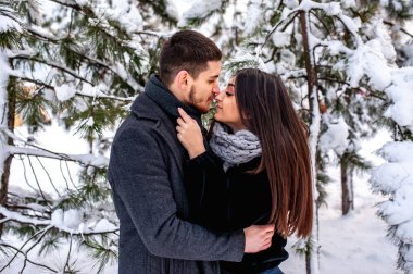 Soğuk kış parkta sarılma ihale çift