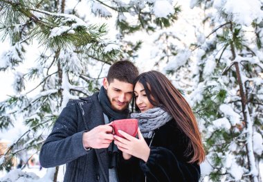 Karlı parkta genç güzel çift kahve içme portresi