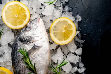 Soğuk ezilmiş buz yığını üzerinde limon dilimleri ve biberiye ile taze balık yakın görünümü