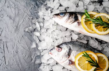 Soğuk ezilmiş buz yığını üzerinde limon dilimleri ve biberiye ile taze balık yakın görünümü
