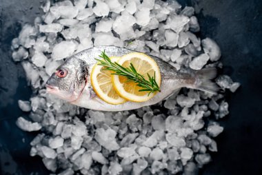 Soğuk ezilmiş buz yığını üzerinde limon dilimleri ve biberiye ile taze balık yakın görünümü