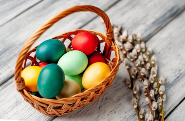 Beyaz ahşap arka planda renkli Paskalya yumurtaları ve kedi söğüt dalları ile sepet