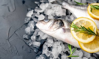 Soğuk ezilmiş buz yığını üzerinde limon dilimleri ve biberiye ile taze balık yakın görünümü