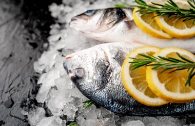 Soğuk ezilmiş buz yığını üzerinde limon dilimleri ve biberiye ile taze balık yakın görünümü