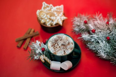 Parlak kırmızı arka plan üzerinde marshmallow si ve kurabiye ile Noel kakao 