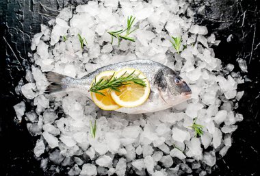 Soğuk ezilmiş buz yığını üzerinde limon dilimleri ve biberiye ile taze balık yakın görünümü