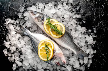 Soğuk ezilmiş buz yığını üzerinde limon dilimleri ve biberiye ile taze balık yakın görünümü