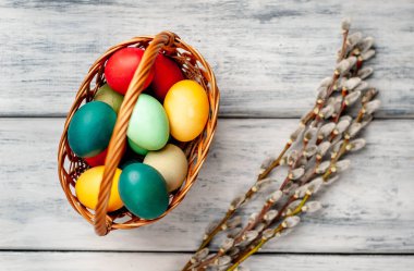 Beyaz ahşap arka planda renkli Paskalya yumurtaları ve kedi söğüt dalları ile sepet