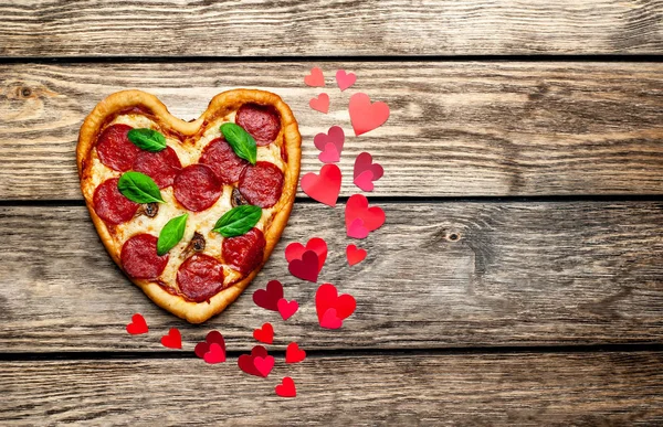 Cheese Heart Pizza Salami Fresh Basil Leaves Wooden Background Heart — Stock Photo, Image