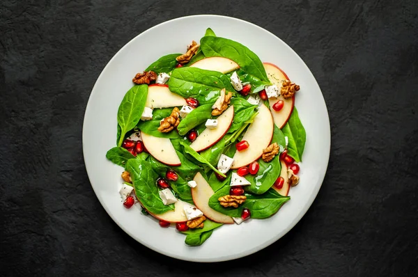 Fresh Salad Spinach Leaves Cheese Pomegranate Seeds Apple Slices Nuts — Stock Photo, Image