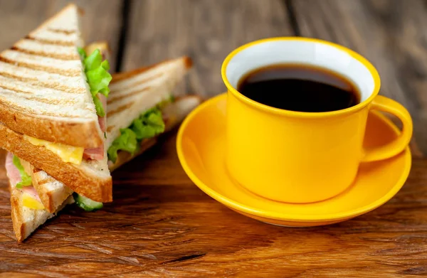 Fresh Grilled Sandwiches Ham Cheese Served Cup Coffee Wooden Chopping — Stock Photo, Image