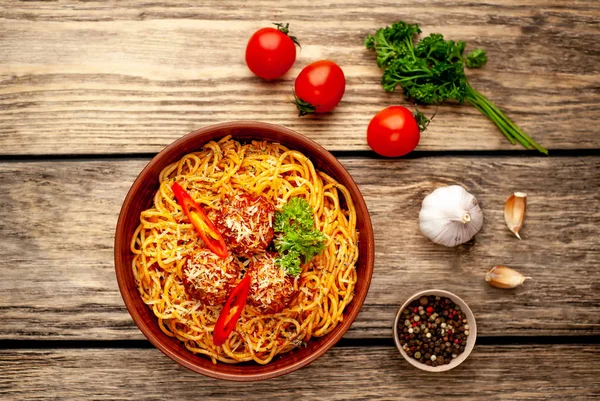 Italian Spaghetti Pasta Meatballs Parmesan Cheese Chili Pepper Slices Parsley — Stock Photo, Image