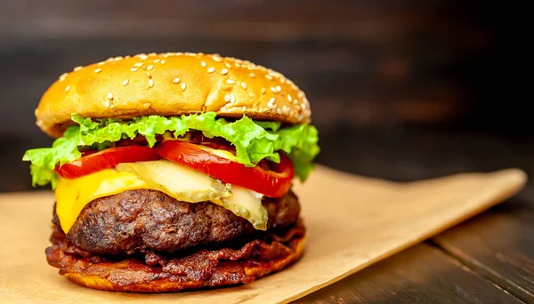 Hamburguesa Casera Fresca Sobre Fondo Madera — Foto de Stock