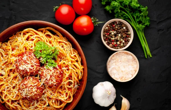 Italian Spaghetti Pasta Meatballs Parmesan Cheese Chili Pepper Slices Parsley — Stock Photo, Image