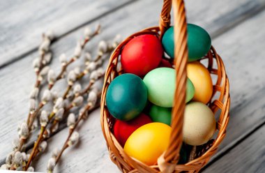 Beyaz ahşap arka planda renkli Paskalya yumurtaları ve kedi söğüt dalları ile sepet