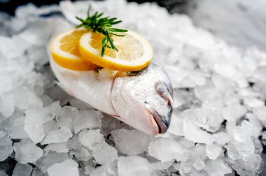 Soğuk ezilmiş buz yığını üzerinde limon dilimleri ve biberiye ile taze balık yakın görünümü