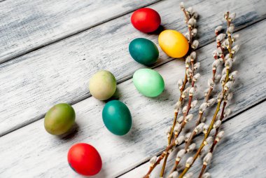 Beyaz ahşap arka planda renkli Paskalya yumurtaları ve kedi söğüt dalları yığını