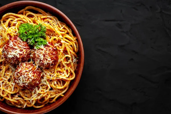 Italian Spaghetti Pasta Meatballs Parmesan Cheese Parsley Twigs — Stock Photo, Image