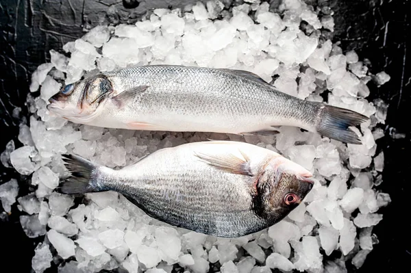 Blick Auf Frischen Fisch Auf Einem Haufen Kaltem Crushed Ice — Stockfoto