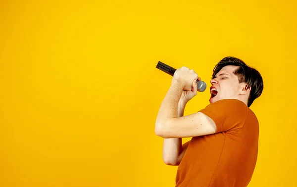 Parlak Sarı Arka Planda Mikrofonda Şarkı Söyleyen Şık Esmer Adam — Stok fotoğraf