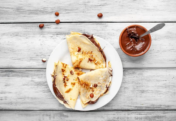 Crêpes Fraîches Maison Servies Avec Pâte Chocolat Noisettes — Photo