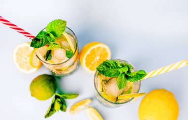 kireç, limon ve nane yaprakları, buz küpleri ve beyaz pipetler ile iki kokteyl