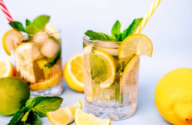 kireç, limon ve nane yaprakları, buz küpleri ve beyaz pipetler ile iki kokteyl