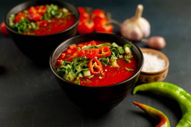 Beton arka plan üzerinde Geleneksel İspanyol soğuk domates çorbası gazpacho