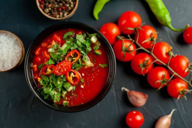 Beton arka plan üzerinde Geleneksel İspanyol soğuk domates çorbası gazpacho