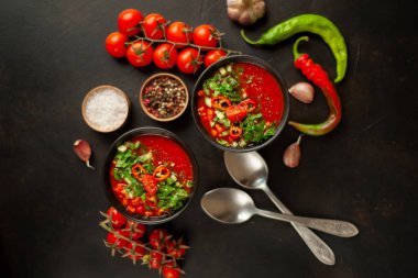 Beton arka plan üzerinde Geleneksel İspanyol soğuk domates çorbası gazpacho