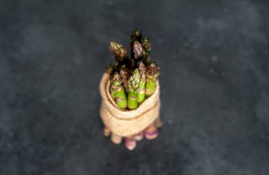 Metnin için kopyalama alanı olan bir taş zemin üzerinde çiğ yeşil kuşkonmaz.