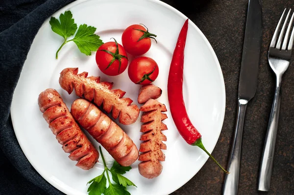 Grilled Sausages Herbs Plate — Stock Photo, Image