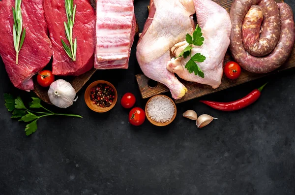 Raw Meat Spices Herbs Black Background Royalty Free Stock Images