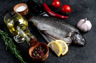 Taş zeminde baharat ve malzemelerle çiğ balık alabalığı.