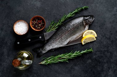 Taş zeminde baharat ve malzemelerle çiğ balık alabalığı.