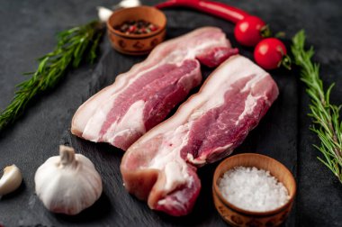 Metnin için fotokopi alanı olan taştan bir arka planda kesilmiş baharatlı çiğ domuz göğsü.