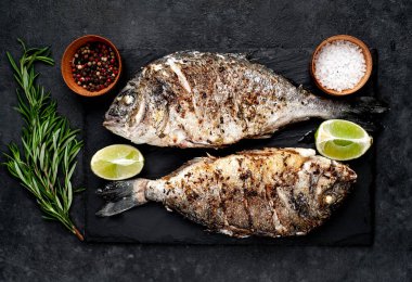 Kayalık zeminde malzemeli ızgara dorado balığı ve metin için fotokopi alanı