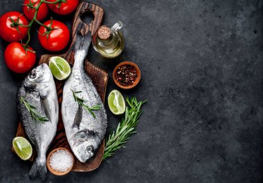 Çiğ dorado balığı ve taş kaplama malzemeler.