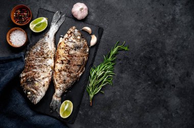 Kayalık zeminde malzemeli ızgara dorado balığı ve metin için fotokopi alanı