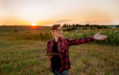 Tarlada gün batımında tabletli çiftçi, tarım yönetimi kavramı