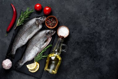 Taş zeminde baharat ve malzemelerle çiğ balık alabalığı.