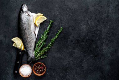 Taş zeminde baharat ve malzemelerle çiğ balık alabalığı.