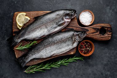 Taş zeminde baharat ve malzemelerle çiğ balık alabalığı.