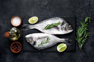 Çiğ dorado balığı ve taş kaplama malzemeler.