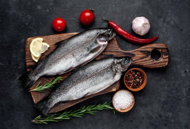 Taş zeminde baharat ve malzemelerle çiğ balık alabalığı.