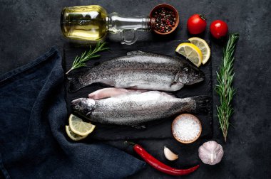 Taş zeminde baharat ve malzemelerle çiğ balık alabalığı.