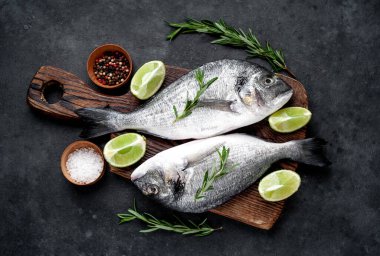 Çiğ dorado balığı ve taş kaplama malzemeler.