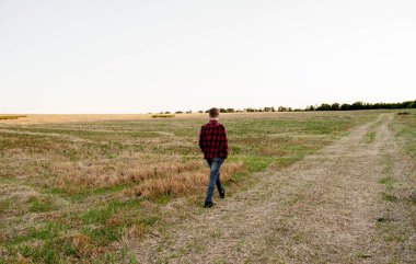 Tişörtlü bir çiftçi gün batımında bir tarlada duruyor.