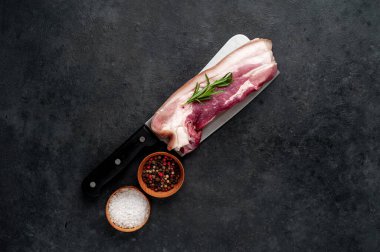 Metnin için fotokopi alanı olan taştan bir arka planda kesilmiş baharatlı çiğ domuz göğsü.