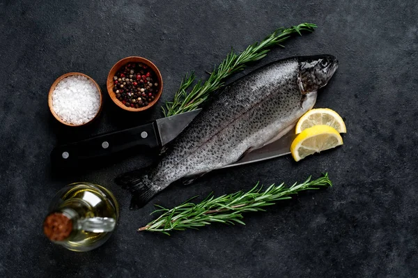 Taş zeminde baharat ve malzemelerle çiğ balık alabalığı.